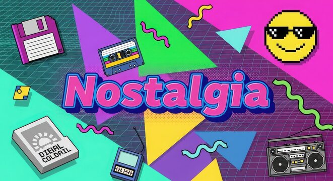 Colorful retro nostalgia theme with floppy disk, cassette, and boombox.