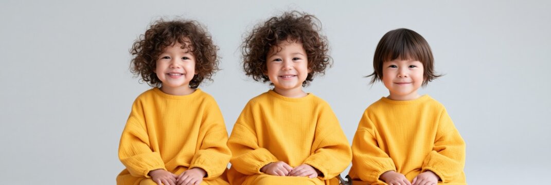 Three smiling toddlers in matching sunflower yellow sweatshirts sitting studio portrait for children fashion banner and family background