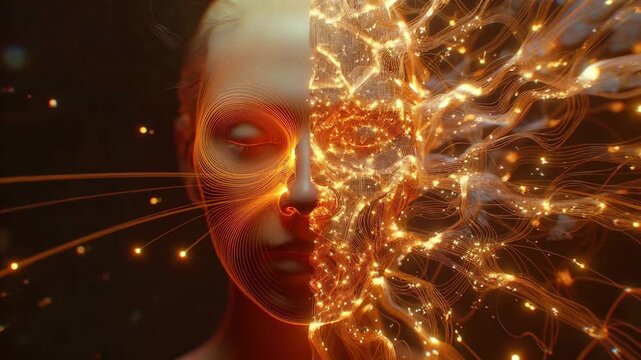 A human figure with half face made of glowing lines in artistic style on dark background, concept of technology and mind