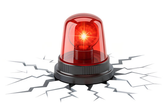 Glowing red emergency siren flashing light isolated with cracked floor effect on transparent background