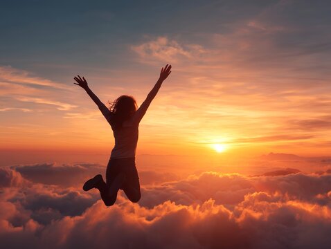 夕焼けに染まる雲海の上で跳び上がる女性が解放感と達成感を体現する希望の瞬間