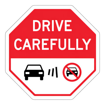 Red Octagonal Drive Carefully Sign with No Tailgating Icon