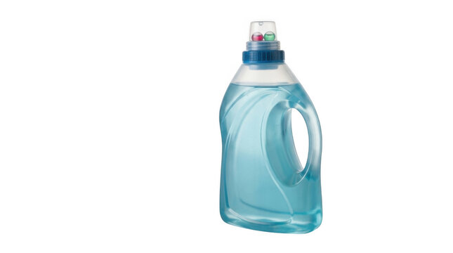 Plastic bottle of blue liquid laundry detergent for cleaning clothes and washing fabrics at home isolated on transparent background