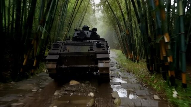 Tank drives through dense jungle road along muddy path.