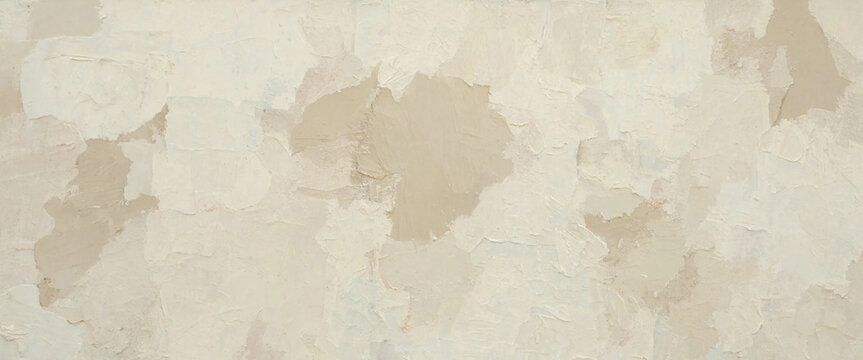 A neutral offwhite concrete wall texture with peeling paint and distressed plaster layers creating a rustic weathered aged surface for design background