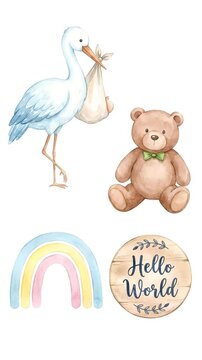 Watercolor baby set with stork teddy bear rainbow and hello world sign