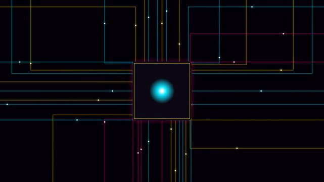 Futuristic AI core animation with flowing digital elements, representing artificial intelligence, machine learning, automation, neural networks, data processing, and advanced technology.