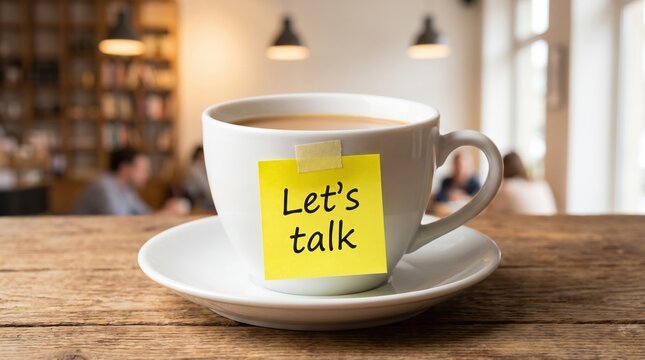 White cup on saucer on wooden table with yellow sticky note taped on front reading &ldquo;Let&rsquo;s talk&rdquo;, in a cozy cafe with blurred people and hanging lights