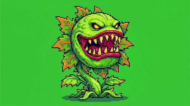 Pixel Art Carnivorous Monster Plant Green Screen