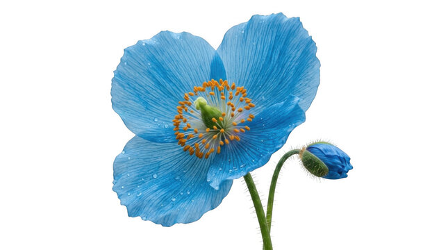 Beautiful single blue poppy flower in full bloom with a small bud on a stem showing yellow pollen and soft petals isolated on transparent background
