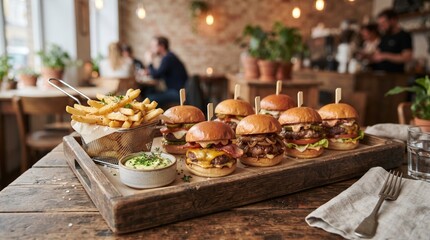 Fototapeta premium Gourmet slider burger platter served with crispy french fries and creamy dipping sauce on rustic wooden serving tray inside cozy restaurant setting