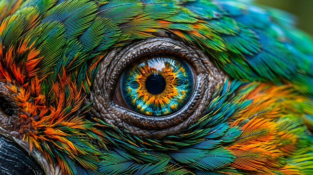 Extreme close up of vibrant tropical parrot eye showing intricate feather texture and colorful iris.