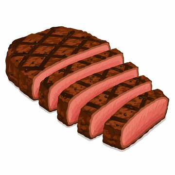 Grilled Steak Cut into Thick Slices Flat Vector Illustration