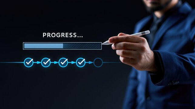 Businessman interacting with a digital project progress loading bar and task completion checklist.