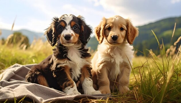 Two fluffy puppies sitting in a sunny grassy field