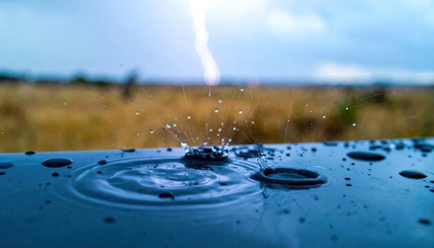 Raindrops splashing on dark surface during lightning storm in field