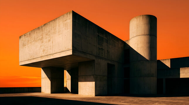 Brutalist concrete building with cylindrical tower against vibrant orange sky, creating dramatic contrast and bold architectural statement.
