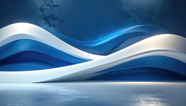 Modern abstract wave sculpture with blue and white curves