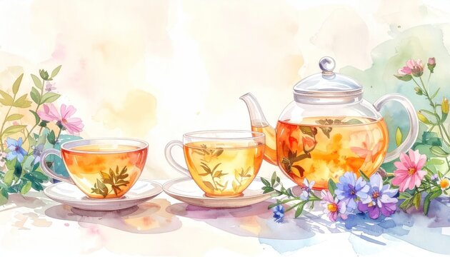 Watercolor glass teapot and cups with herbal tea and wildflowers