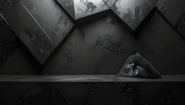 Dark geometric podium with metallic texture for product display