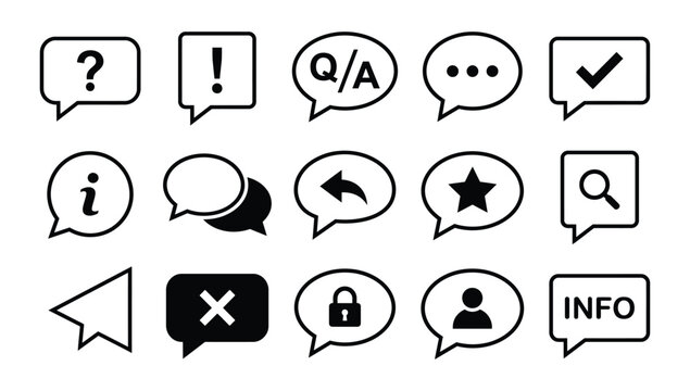 Set of various speech bubble icons with different symbols for communication and user interface design elements