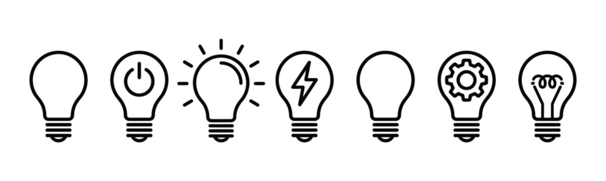 A horizontal row of hand drawn light bulb icons featuring various internal symbols representing business ideas innovation creativity and electrical power concepts