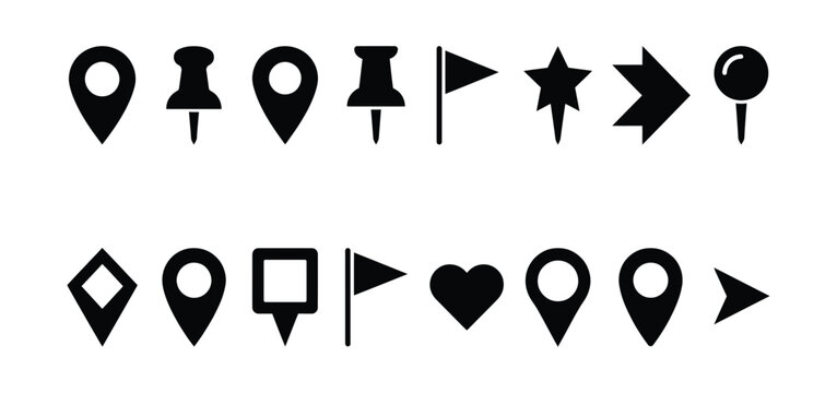 A collection of various black map pins location markers push pins and navigation icons isolated on a plain white background for design