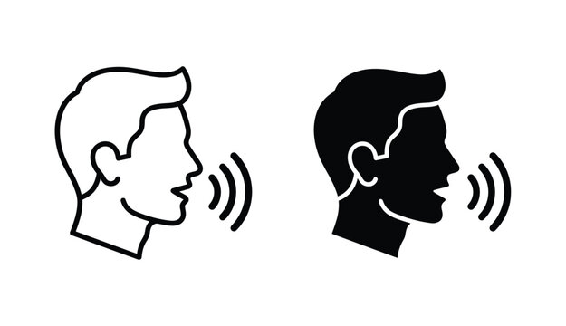 Two profile head icons showing a man speaking with sound waves coming from his mouth in both outline and solid black design
