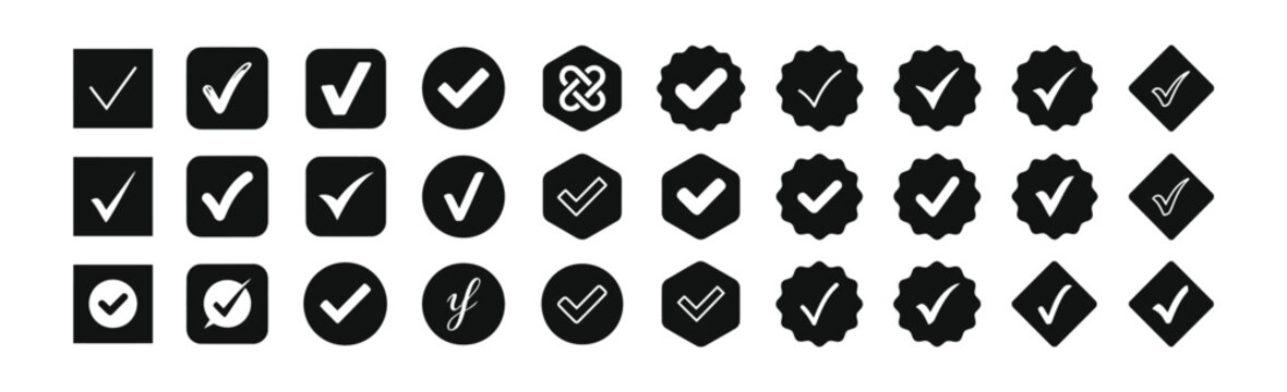 A comprehensive collection of diverse black check mark icons set in various geometric shapes including squares circles hexagons and diamonds for web