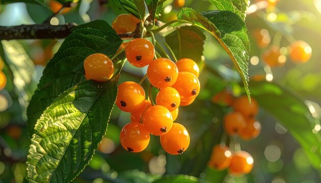 Ripe yellow berries on a tree branch in morning sunlight