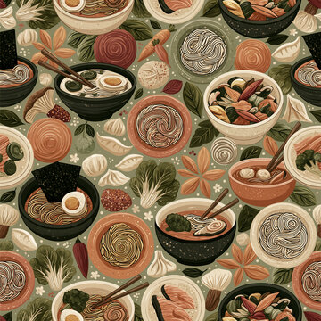 Cheerful repeating pattern with noodle dishes, chopsticks, dumplings and flavorful ingredients. Graphic illustration for food design, packaging and culinary branding