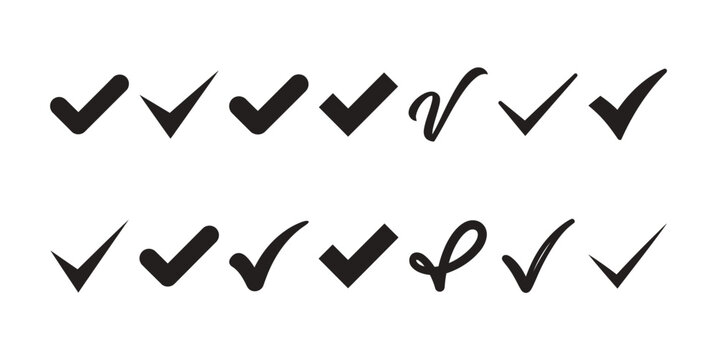 A collection of various hand drawn check mark icons isolated on a white background representing task completion and correct selection choices set