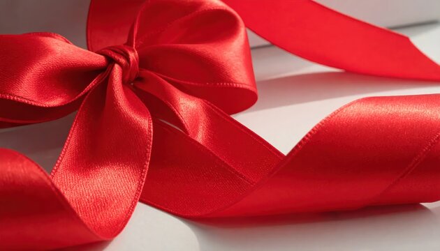 Elegant red satin bow on white gift box surface