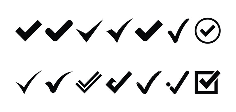 A collection of various black check mark icons isolated on a white background representing approval confirmation success and completed tasks for digital