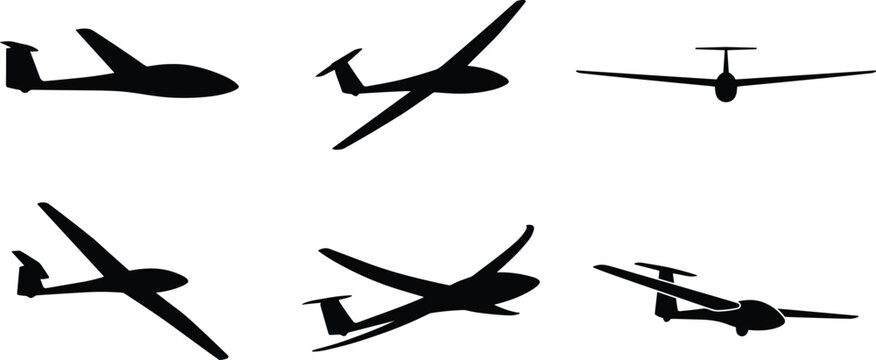 Glider sailplane aircraft flight black silhouette vector illustration collection, aviation soaring sport, icon set