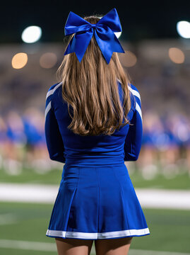 Anonymous female cheerleader standing proudly on football field during evening game with blue uniform and bow, viewed from behind
