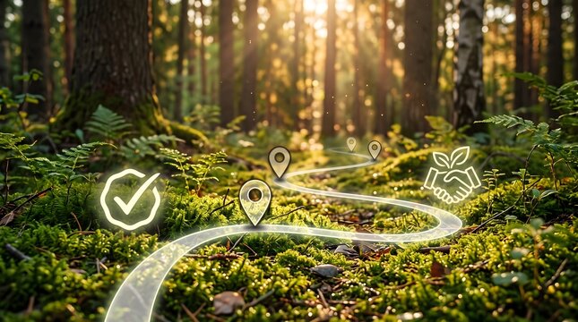 Digital map route with location pins and sustainability icons on a lush forest floor