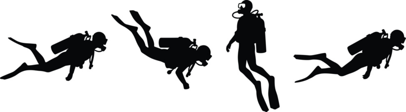 Scuba diver underwater diving gear black silhouette vector illustration collection, ocean sport, icon set