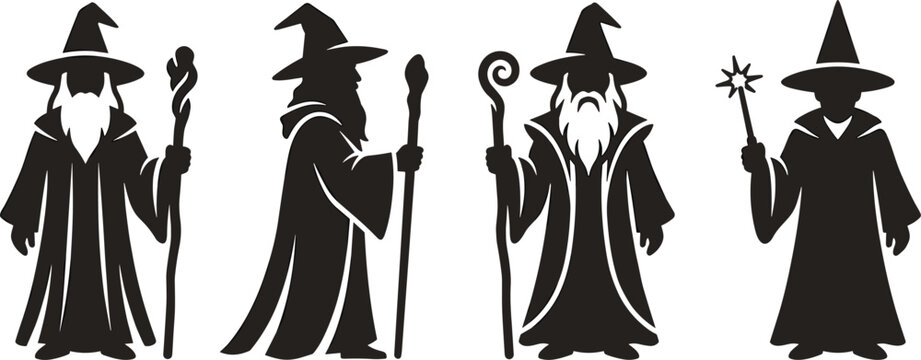 Wizard magician sorcerer black silhouette vector illustration collection, magic staff robe, fantasy icon set