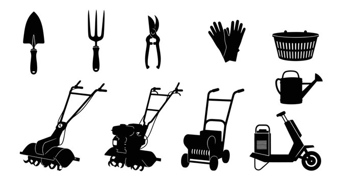Gardening tools and equipment silhouettes for yard work with equipment white background black silhouettes various landscaping watering aerator