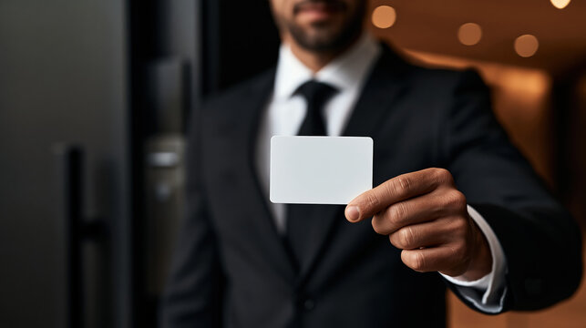 Businessman holding blank white security card near electronic access reader with focused professional expression