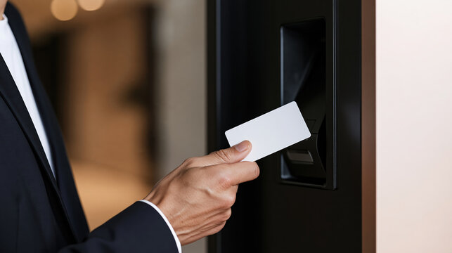 Business professional presenting minimalist access card at modern security reader with focused hand gesture and controlled entry process