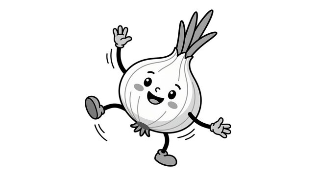 Happy garlic vegetable cartoon character standing on one leg and waving hand smiling.