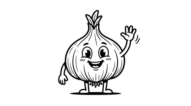 Cheerful cartoon onion character waving hand for food and cooking related design.