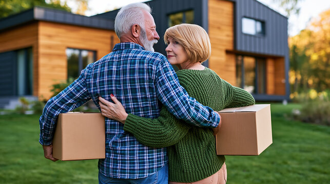 Elderly couple standing together outside modern home with moving boxes, sharing joyful moment during relocation