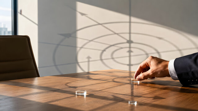 Business hand in suit placing a clear glass token on a wooden table with projected concentric chart shadows on a pale wall in a modern office.
