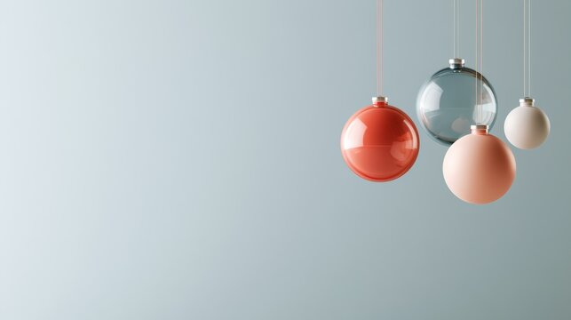 Peach, silver and cream Christmas baubles hang together against a blue background, creating elegant holiday decor, festive copy space, soft winter styling, Christmas, New Year.