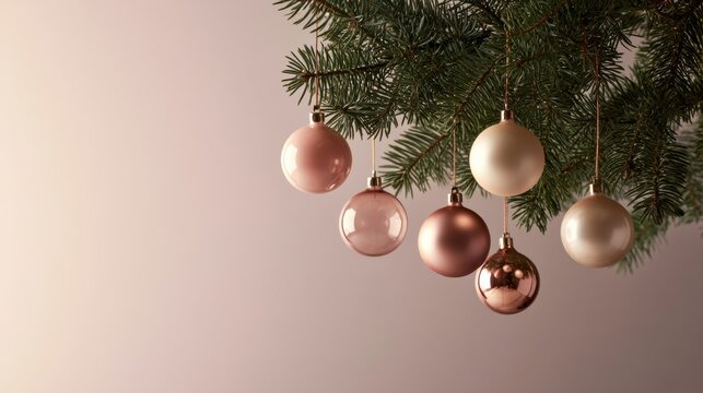 Blush pink and champagne Christmas baubles hang from a fir branch on a soft pink background, creating romantic holiday decor, cozy winter mood, festive styling, Christmas, New Year.