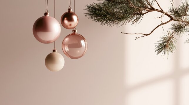 Rose gold and champagne Christmas baubles hang from a delicate branch against a blush background, creating elegant holiday copy space, refined seasonal decor, Christmas, New Year.