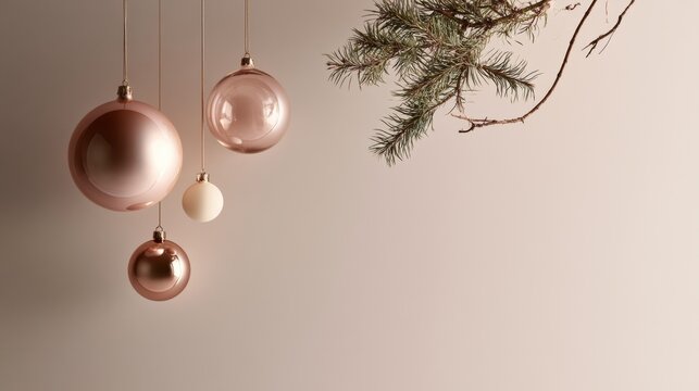 Rose gold Christmas baubles hang in a minimalist arrangement against a blush background, creating elegant holiday copy space, modern festive decor, winter celebration, Christmas, New Year.